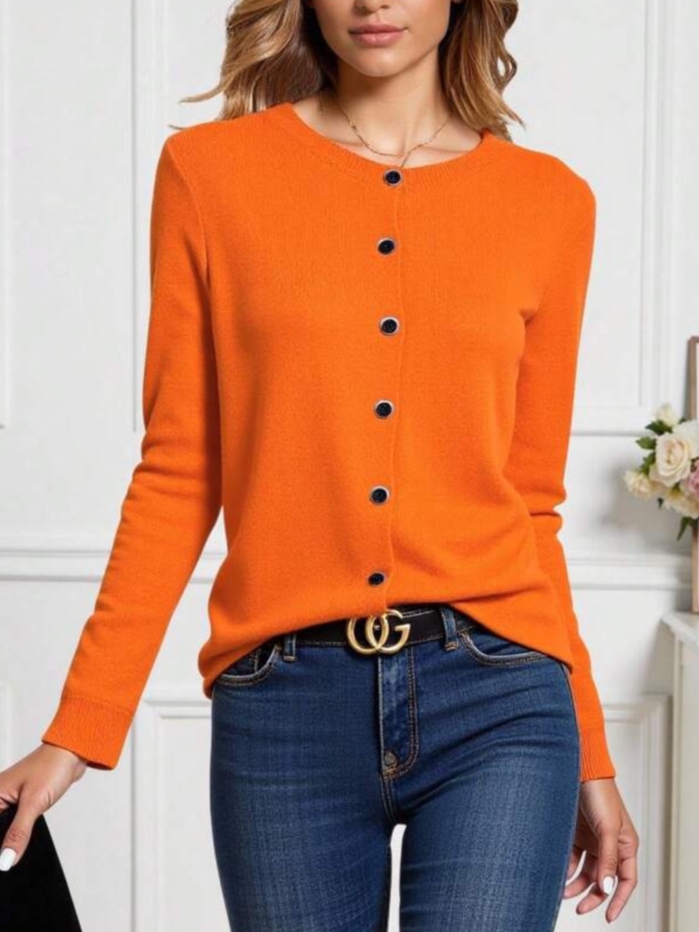 Orange  Button-Front Cardigan - Picture 2 of 6